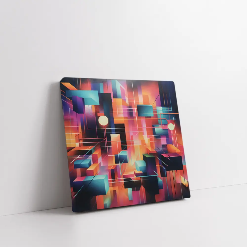 Geometric Abstract Coral Orange Purple Cubist Art – Wall Art