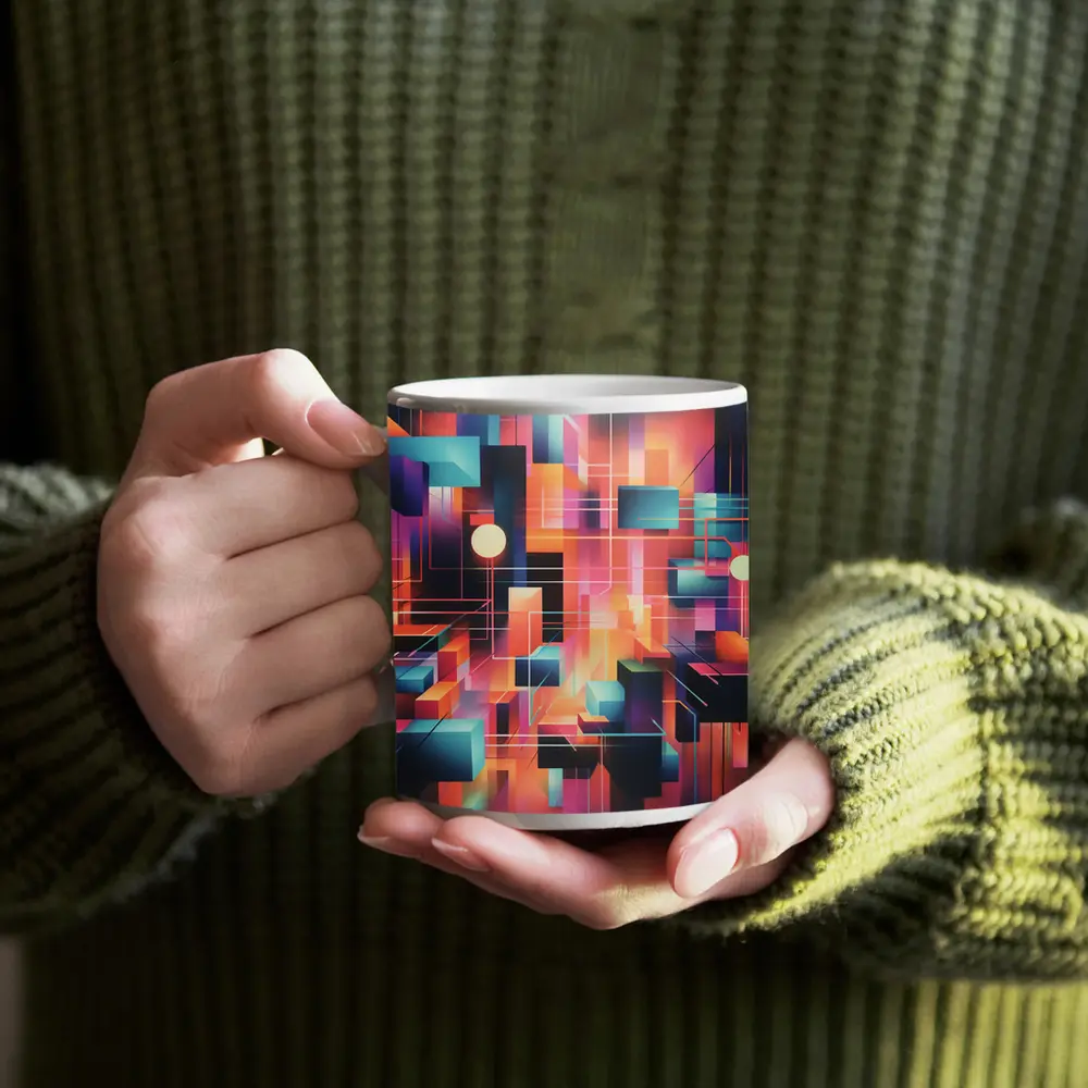 Geometric Abstract Coral Orange Purple Cubist Art – Mugs