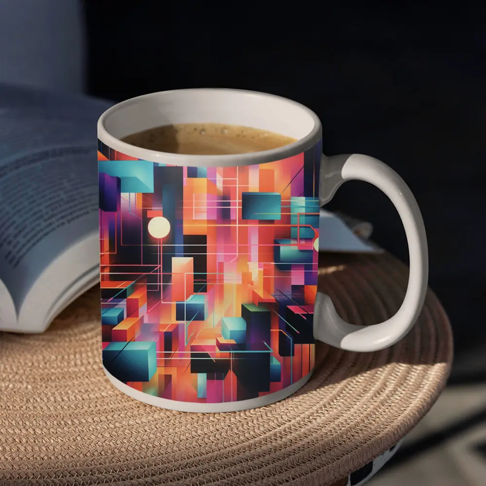 Geometric Abstract Coral Orange Purple Cubist Art – Mugs