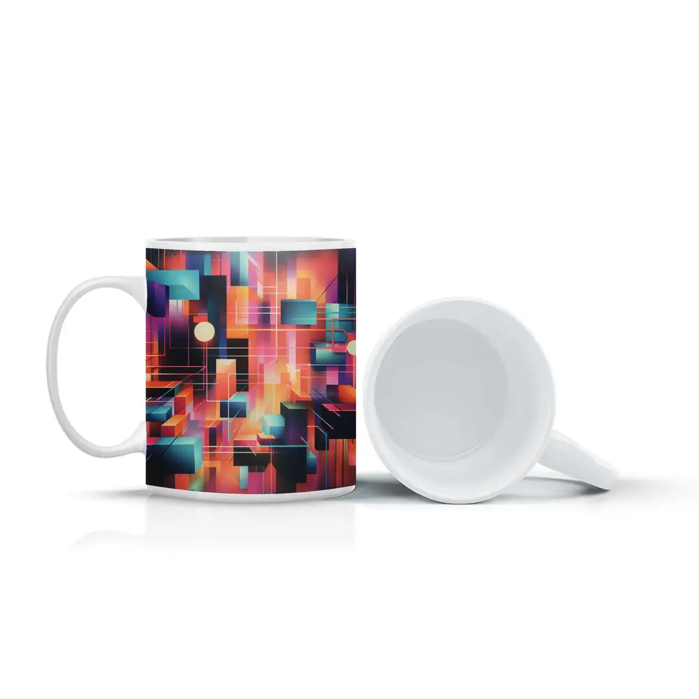 Geometric Abstract Coral Orange Purple Cubist Art – Mugs