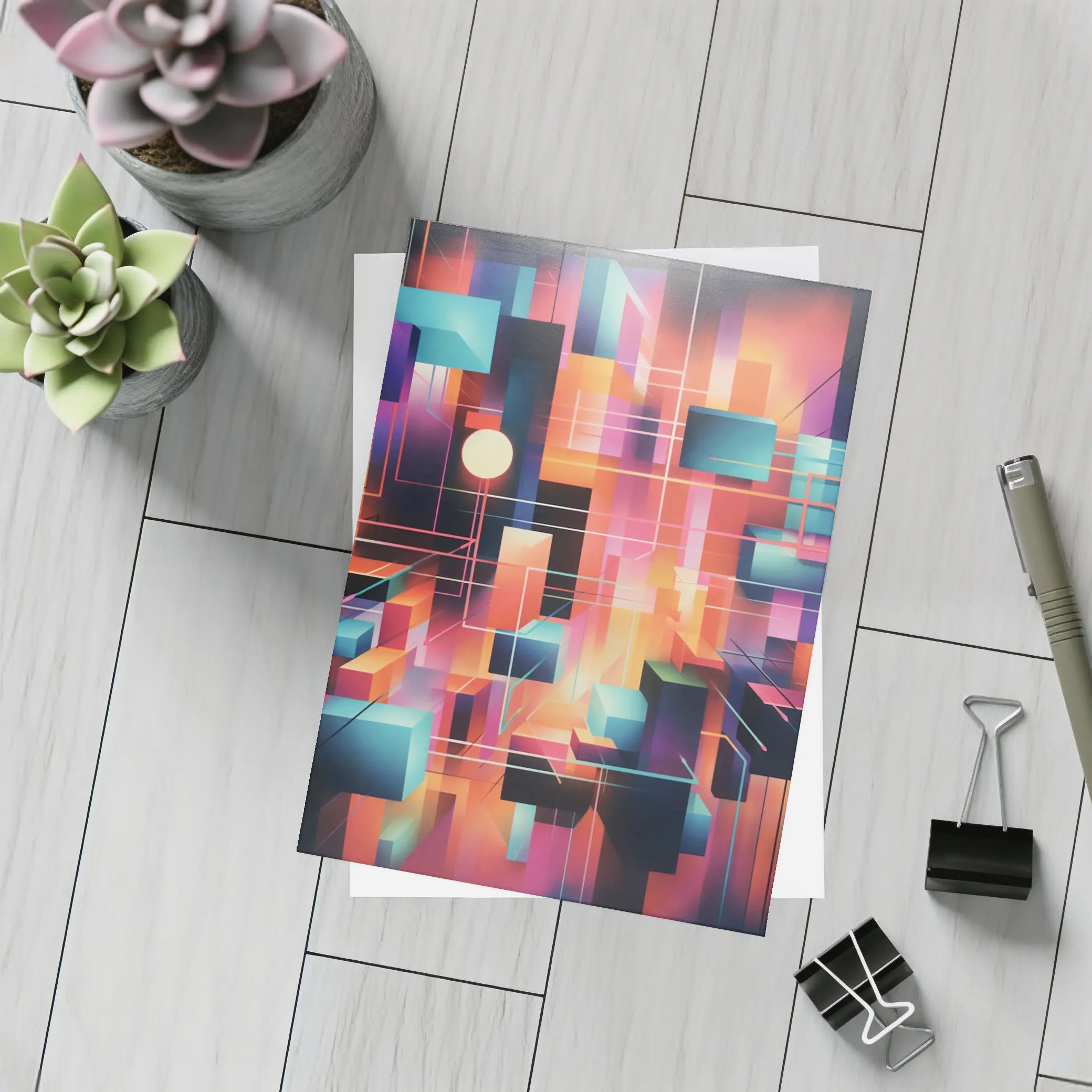 Geometric Abstract Coral Orange Purple Cubist Art – Postcards