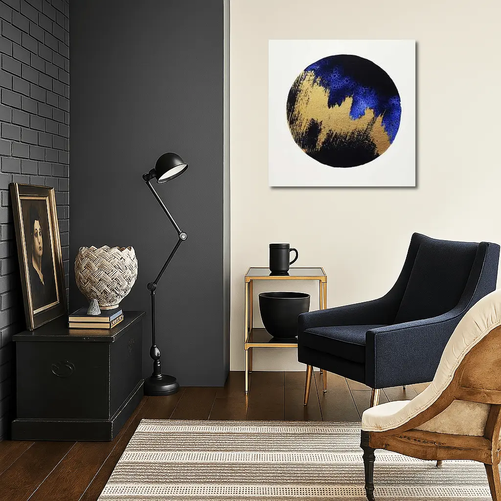 Gold Blue Black Abstract Circle Moon Art – Wall Art