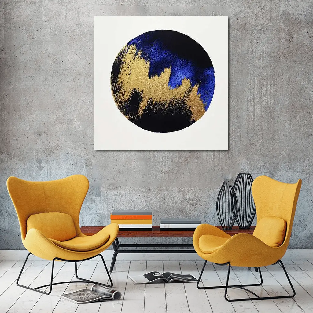 Gold Blue Black Abstract Circle Moon Art – Wall Art