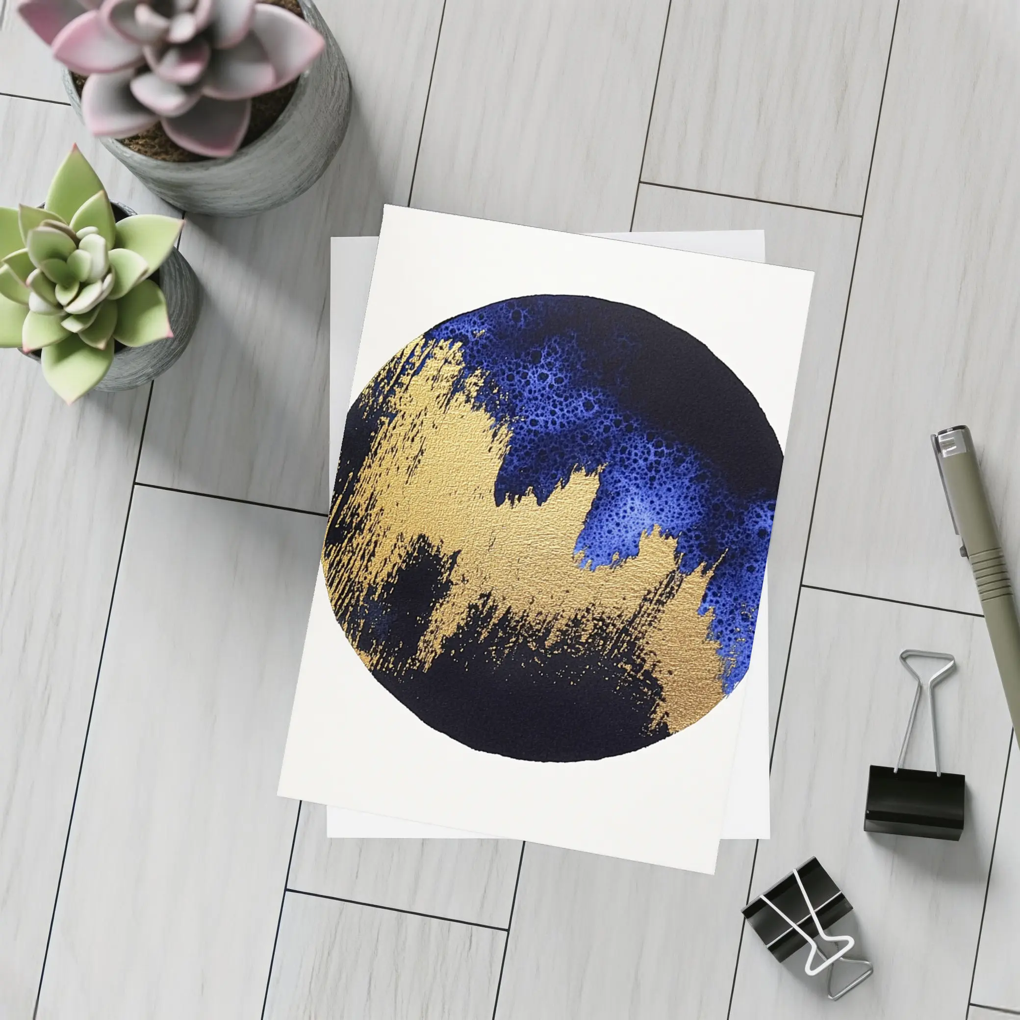 Gold Blue Black Abstract Circle Moon Art – Postcards