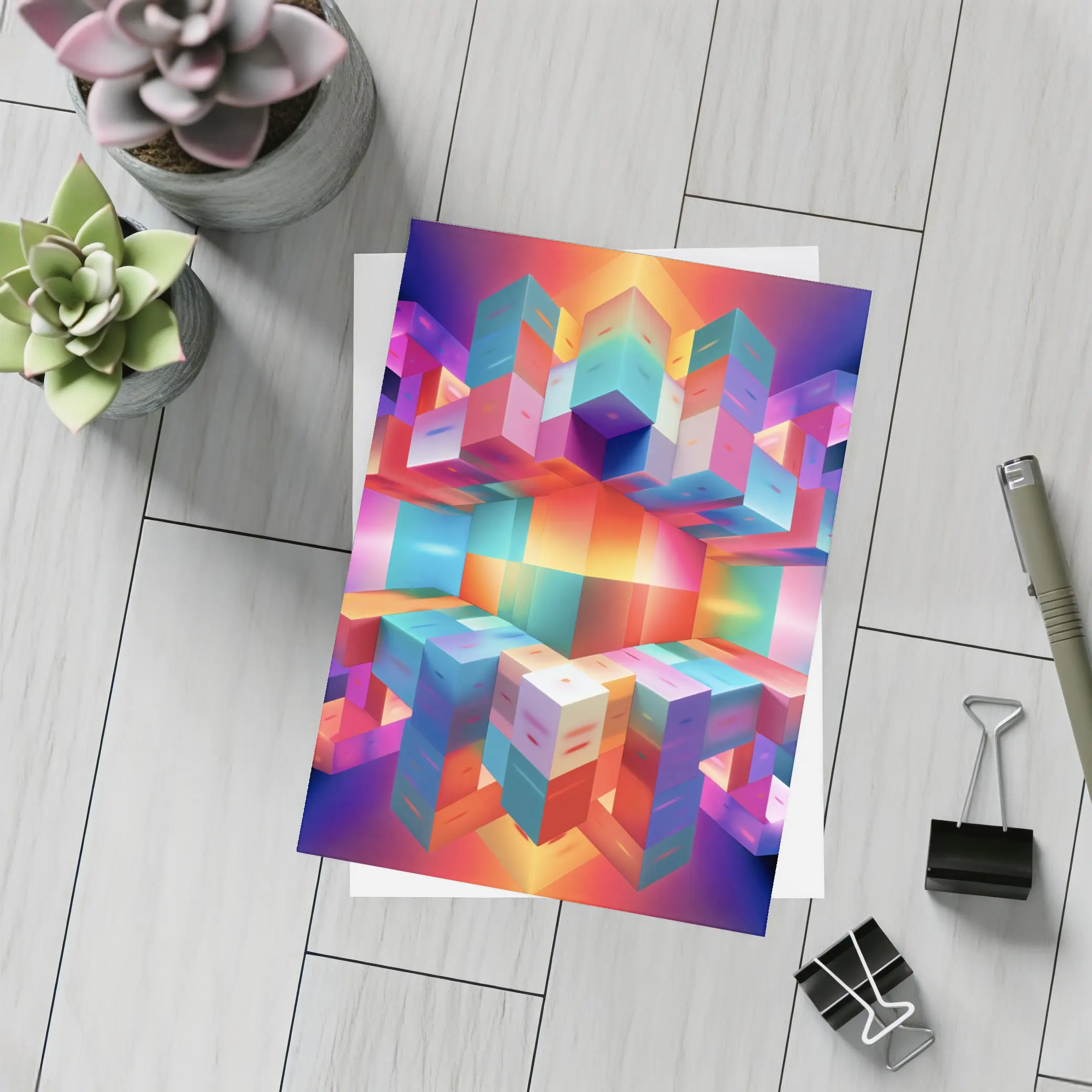 Colorful 3D Cubes Abstract Geometric Art – Postcards