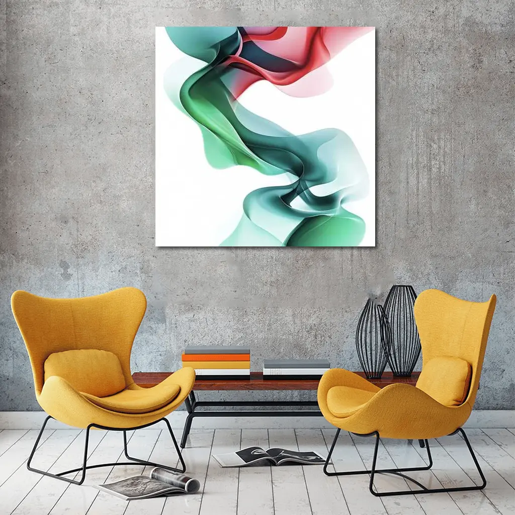 Flowing Abstract Waves Green Pink White Background – Wall Art