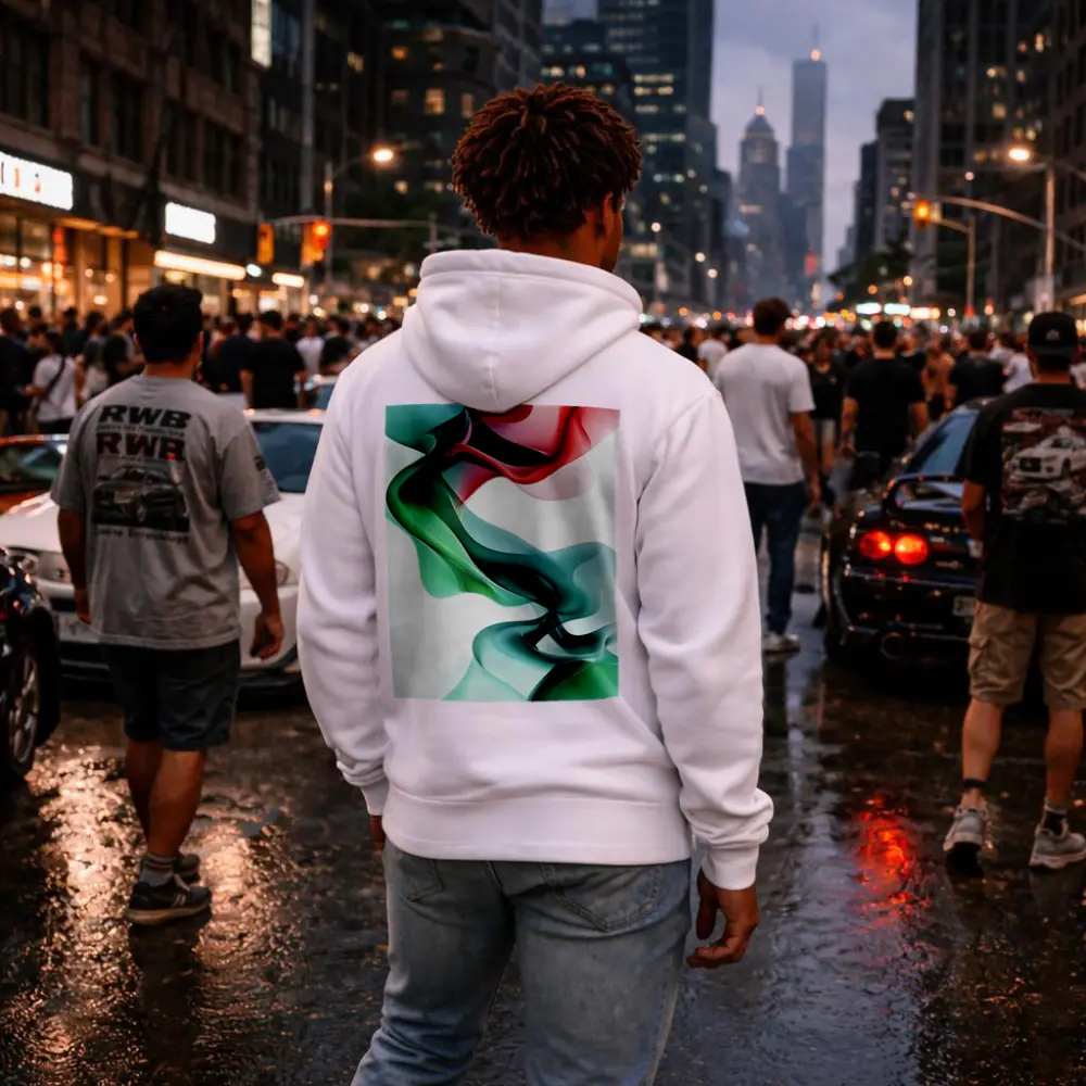 Flowing Abstract Waves Green Pink White Background – Hoodies