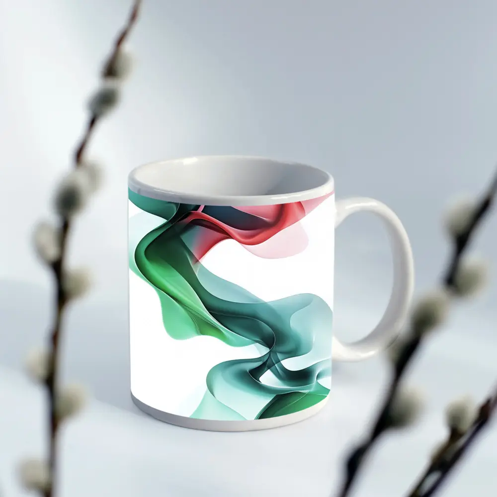 Flowing Abstract Waves Green Pink White Background – Mugs