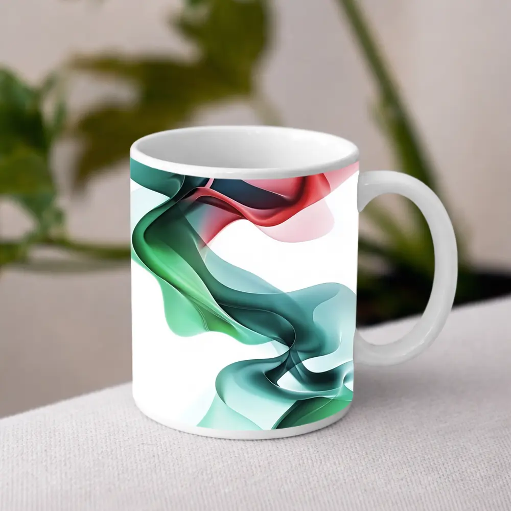 Flowing Abstract Waves Green Pink White Background – Mugs