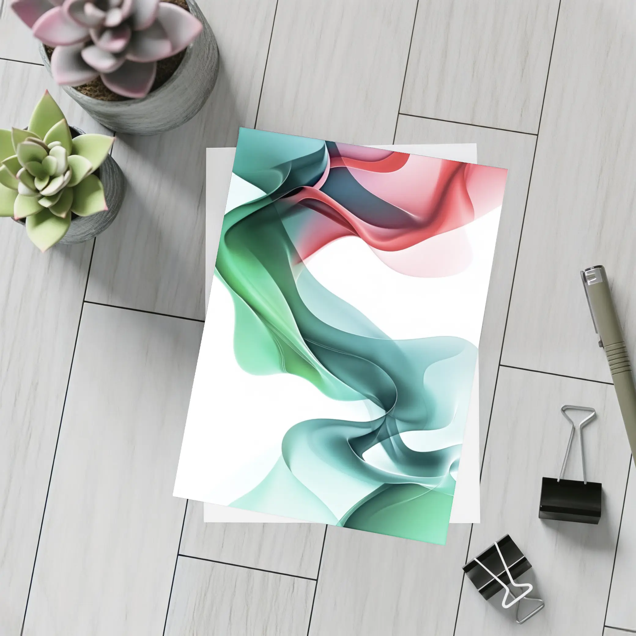 Flowing Abstract Waves Green Pink White Background – Postcards
