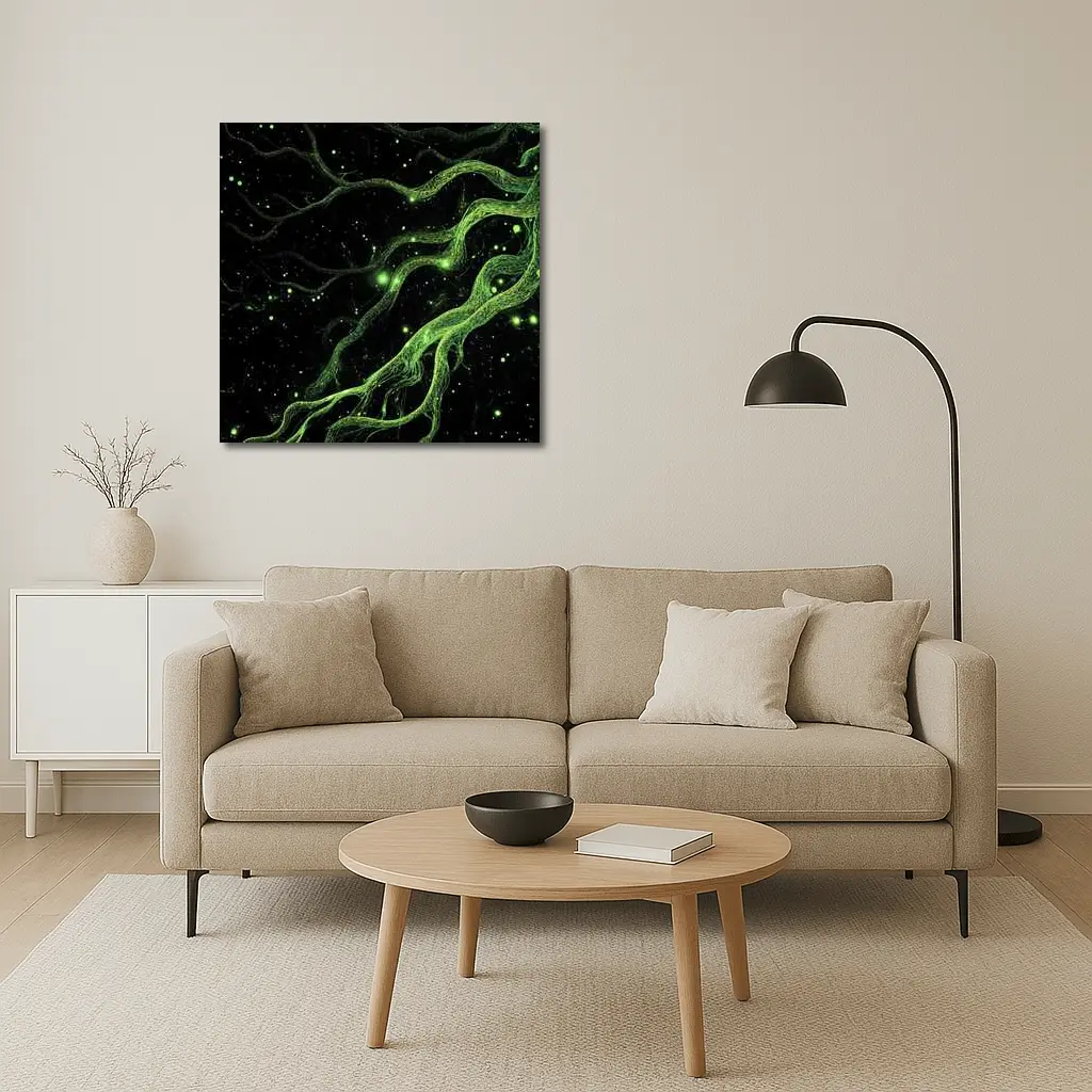 Glowing Green Organic Tendrils On Black – Wall Art