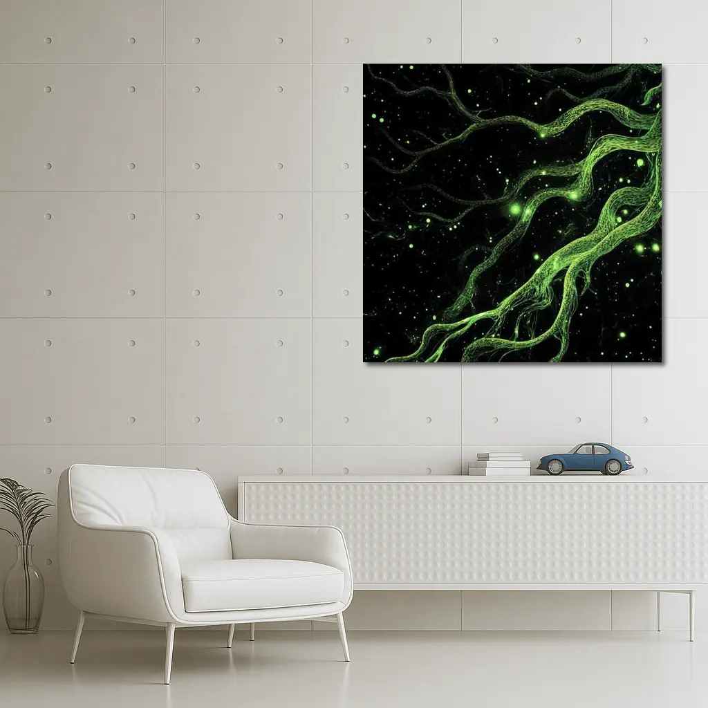 Glowing Green Organic Tendrils On Black – Wall Art
