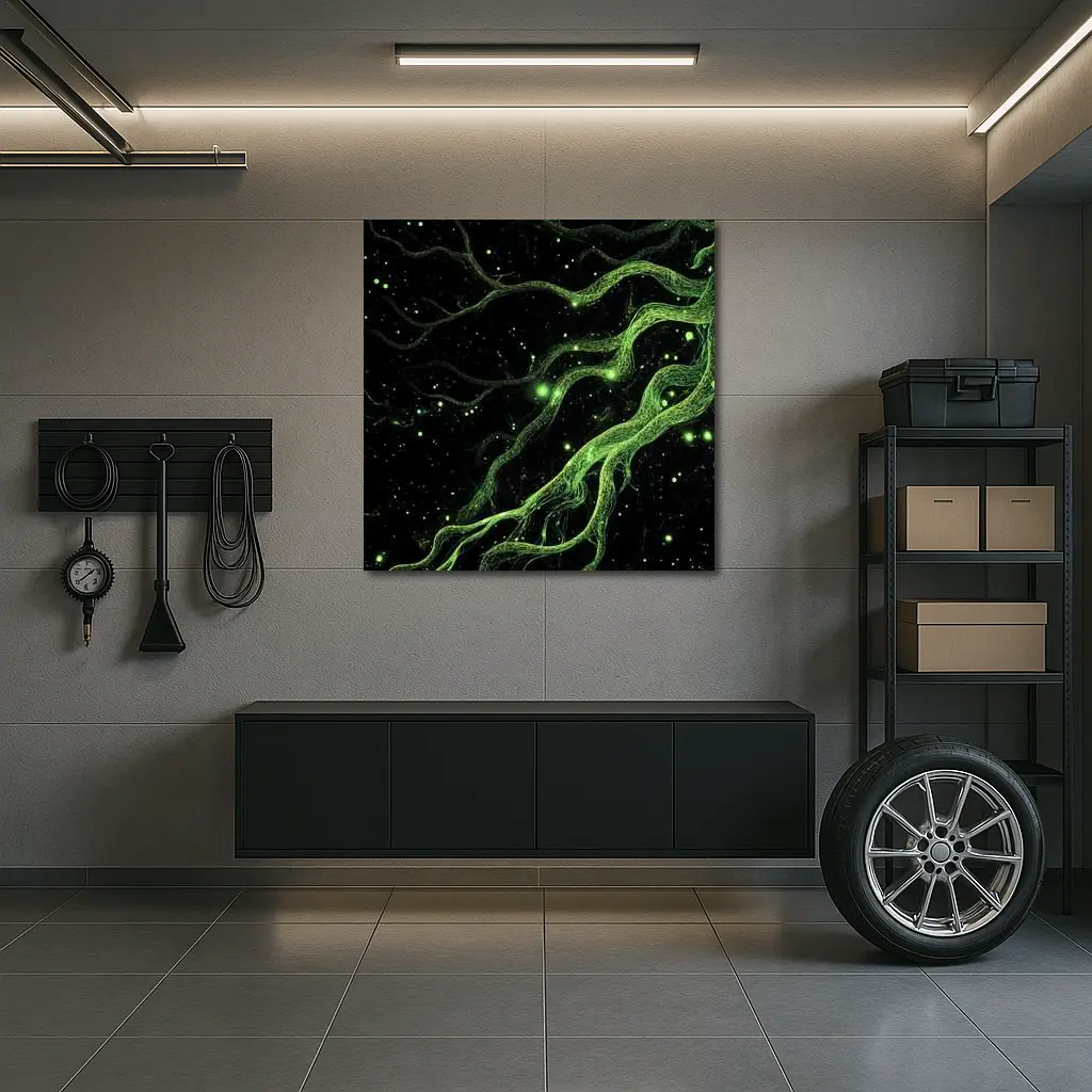 Glowing Green Organic Tendrils On Black – Wall Art
