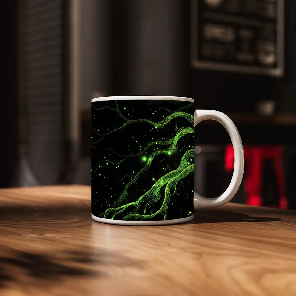 Glowing Green Organic Tendrils On Black – Mugs