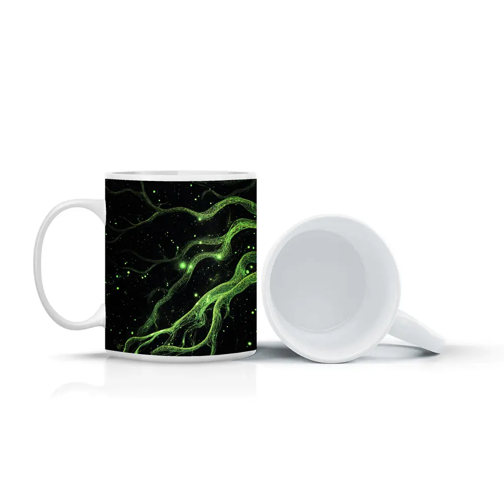 Glowing Green Organic Tendrils On Black – Mugs