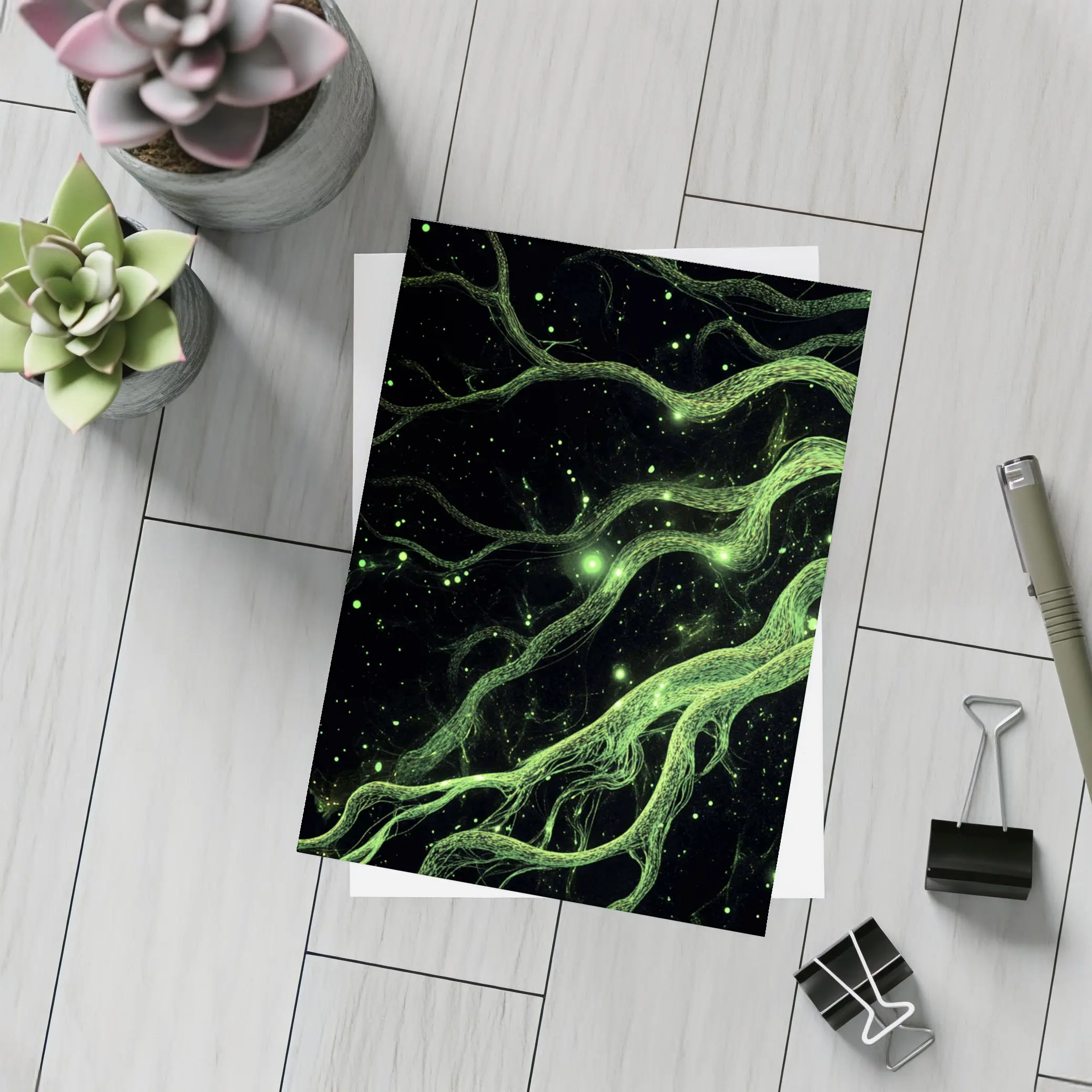 Glowing Green Organic Tendrils On Black – Postcards