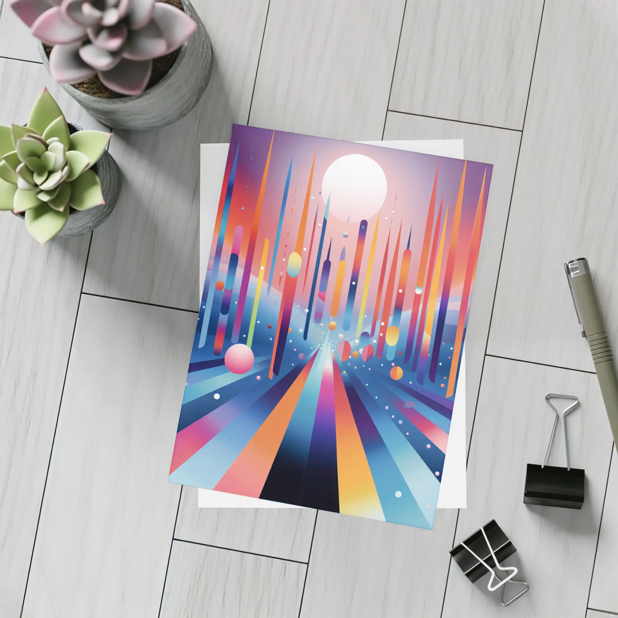 Colorful Abstract Geometric City Night Sky – Postcards