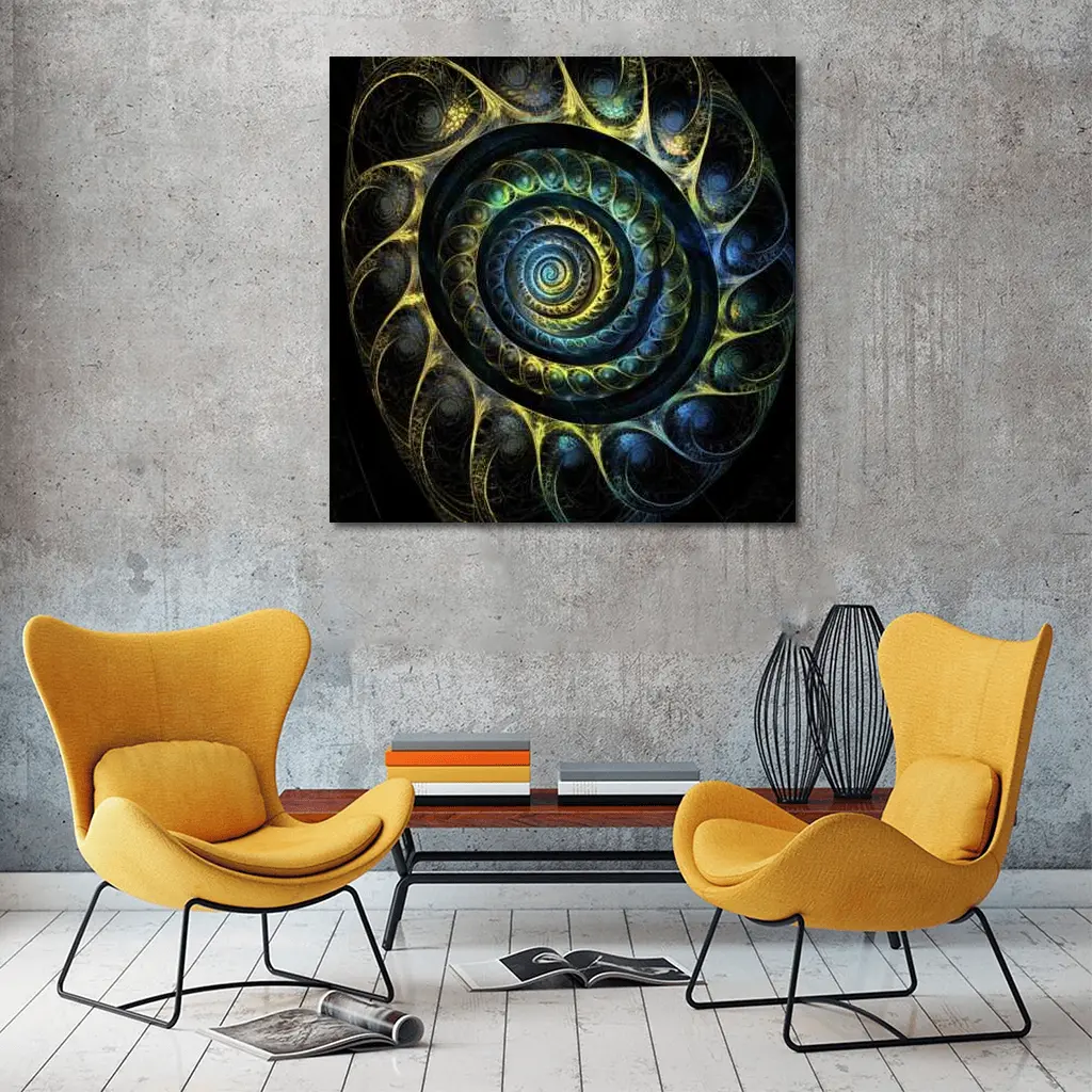 Dark Fractal Spiral Abstract Blue Gold – Wall Art