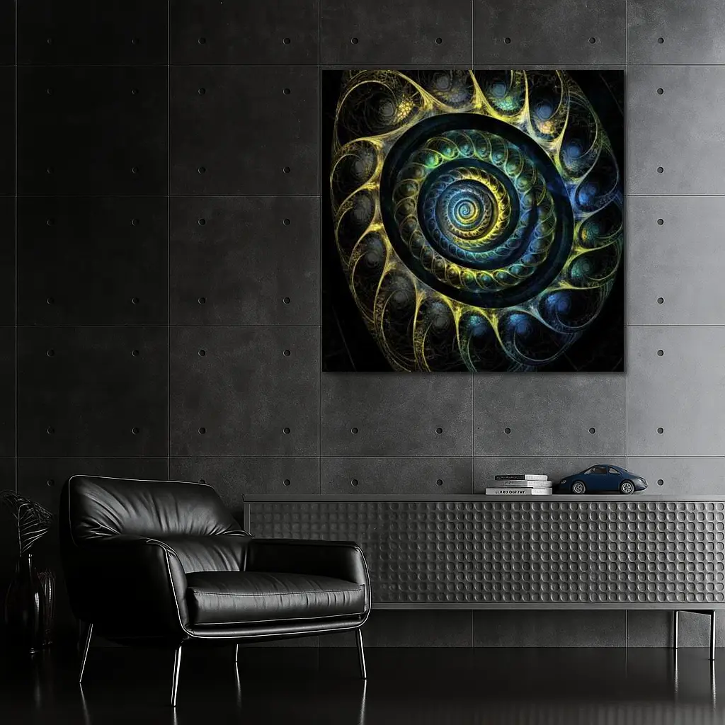 Dark Fractal Spiral Abstract Blue Gold – Wall Art