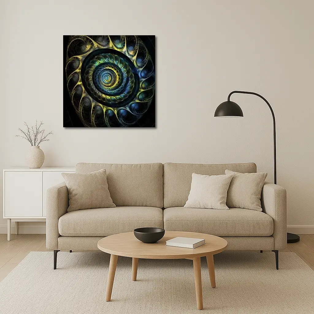 Dark Fractal Spiral Abstract Blue Gold – Wall Art