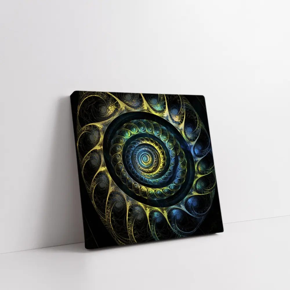 Dark Fractal Spiral Abstract Blue Gold – Wall Art