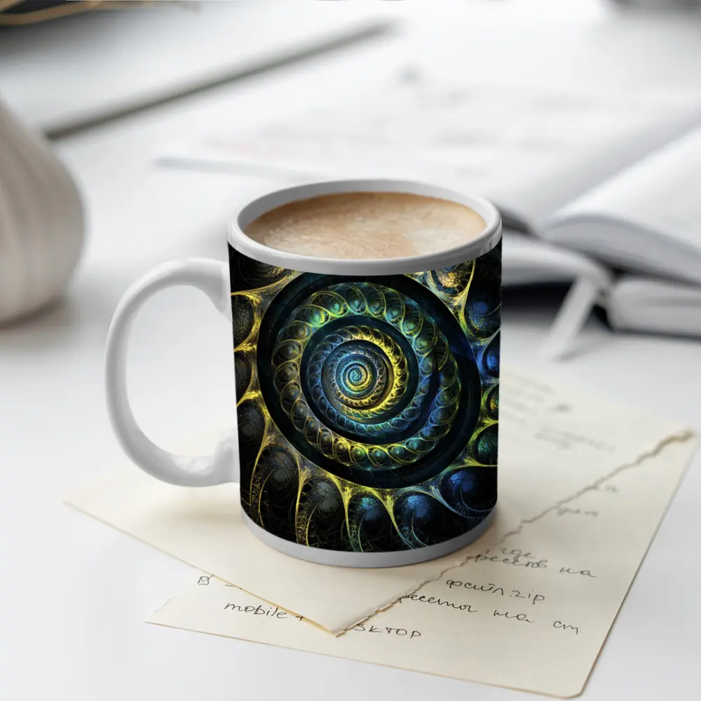 Dark Fractal Spiral Abstract Blue Gold – Mugs