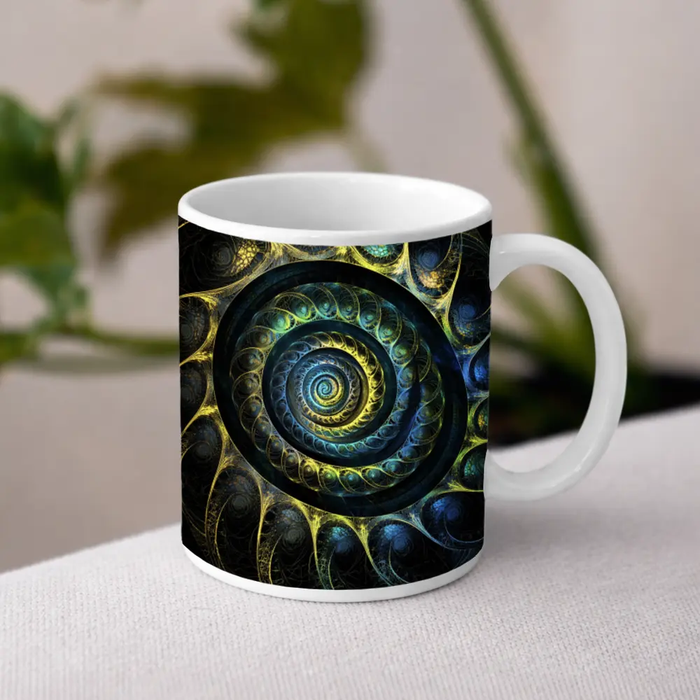 Dark Fractal Spiral Abstract Blue Gold – Mugs