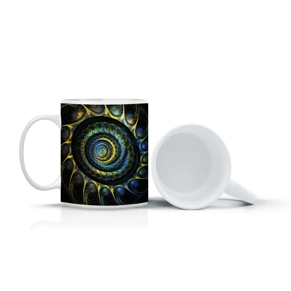 Dark Fractal Spiral Abstract Blue Gold – Mugs