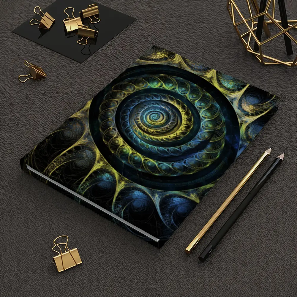 Dark Fractal Spiral Abstract Blue Gold – Notebooks