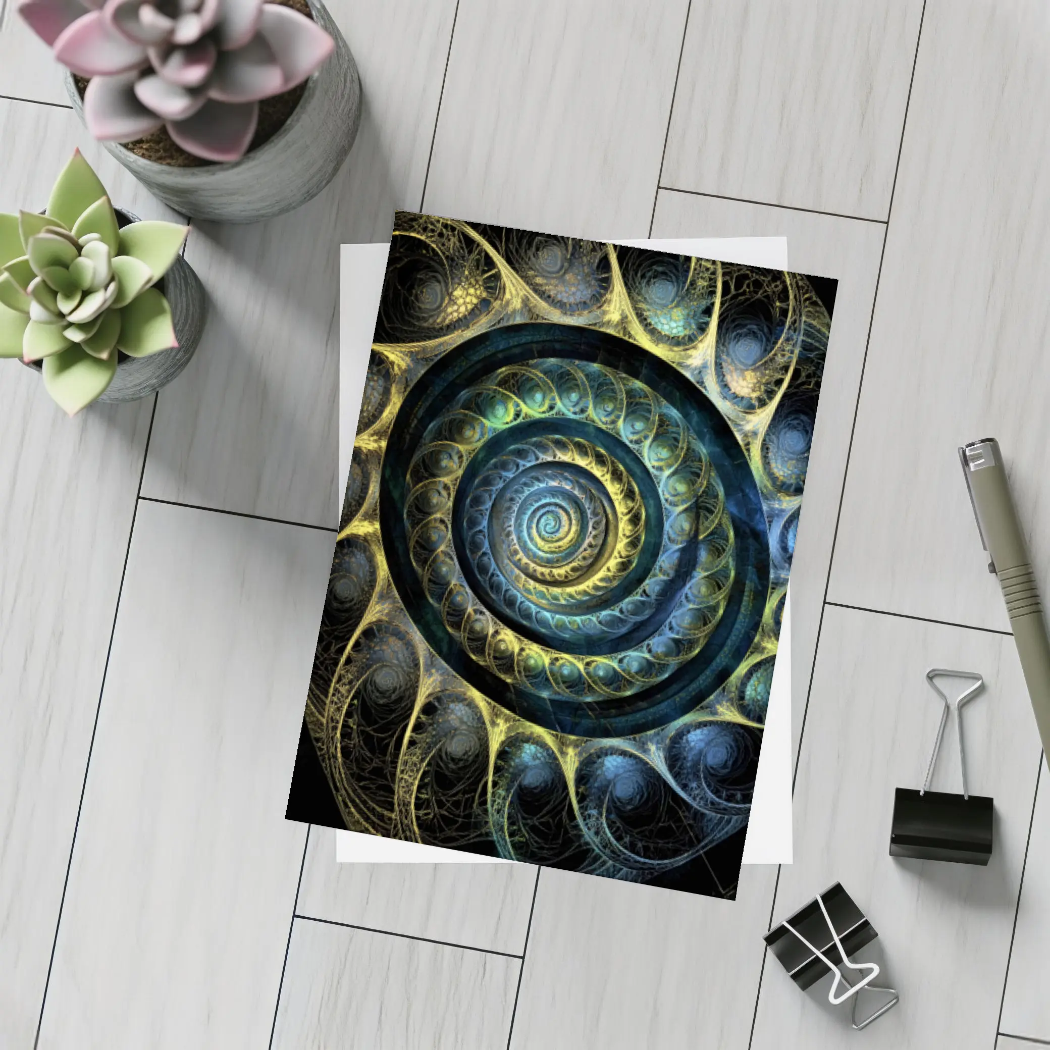Dark Fractal Spiral Abstract Blue Gold – Postcards