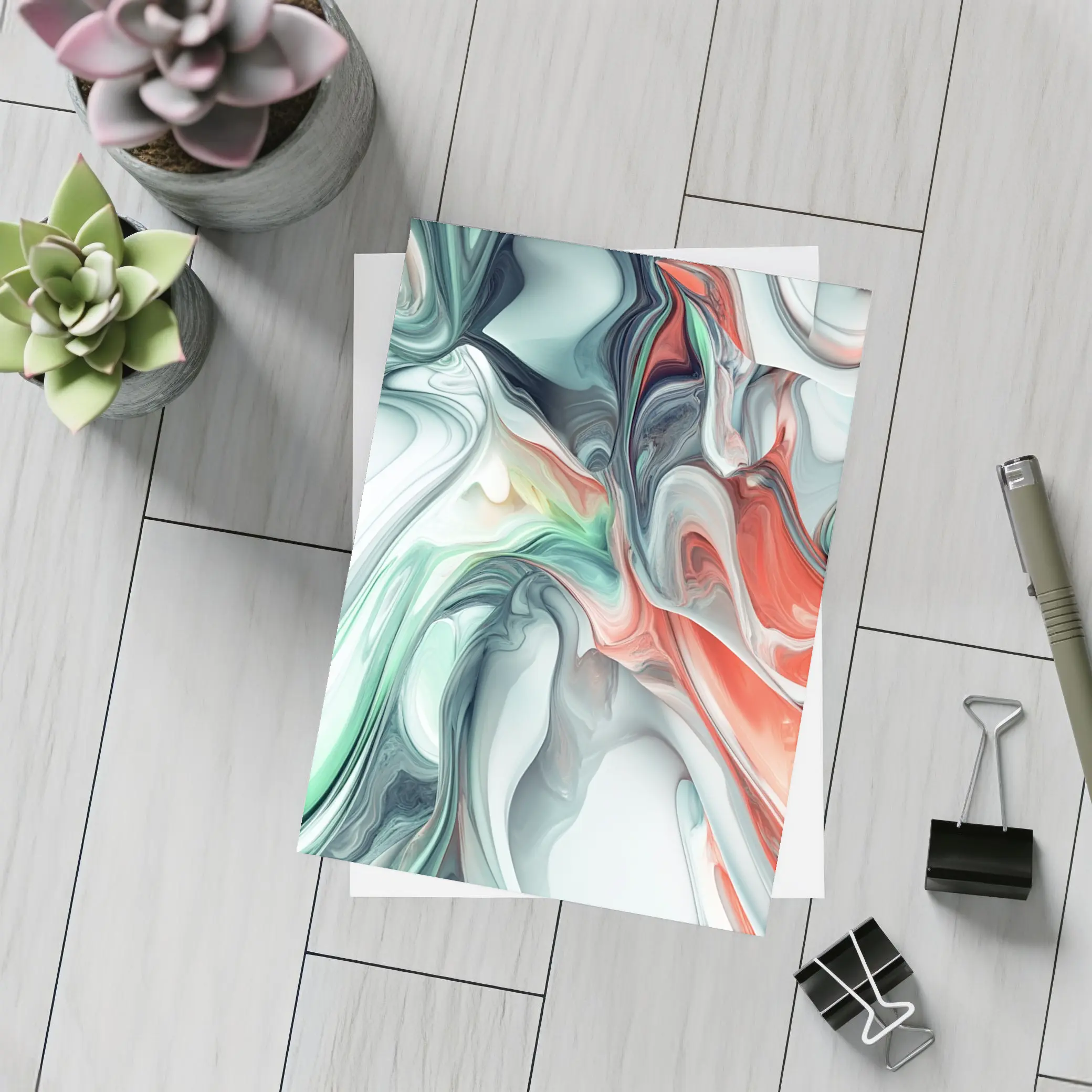 Fluid Marble Abstract Art Coral Mint White – Postcards