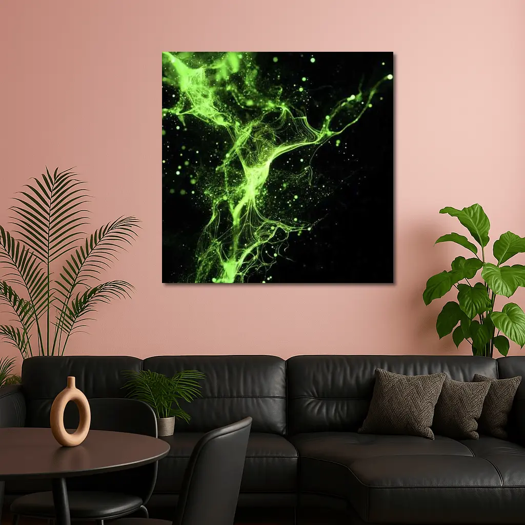 Neon Green Energy Particles Black Background – Wall Art
