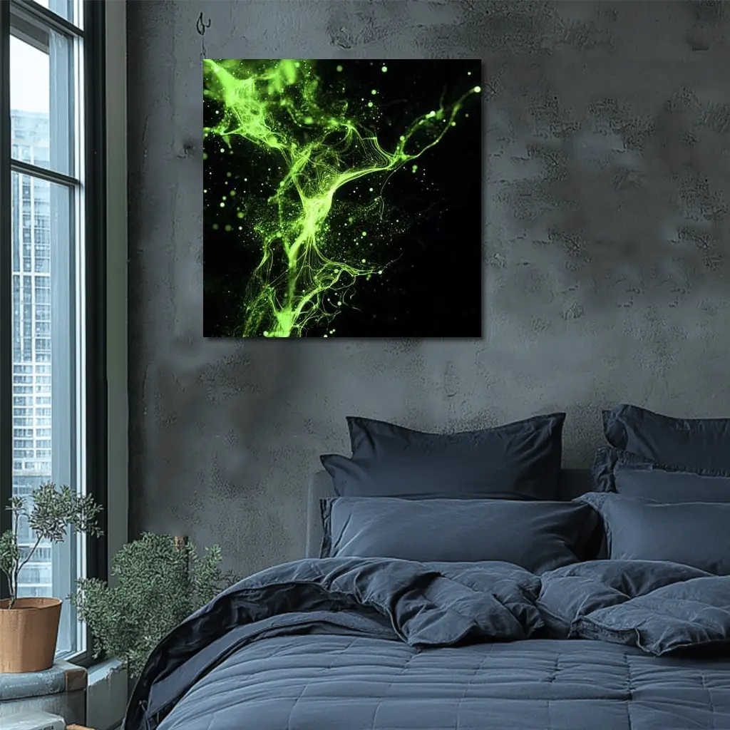 Neon Green Energy Particles Black Background – Wall Art