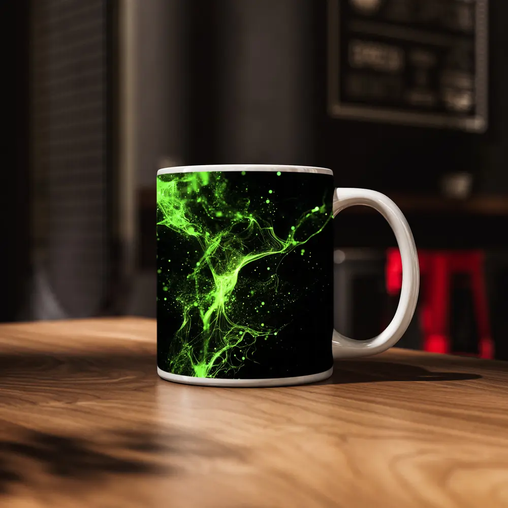 Neon Green Energy Particles Black Background – Mugs