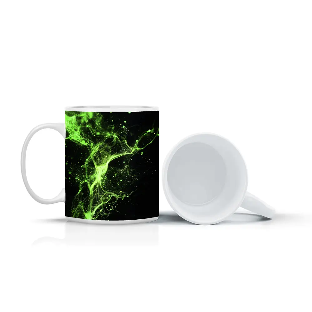 Neon Green Energy Particles Black Background – Mugs