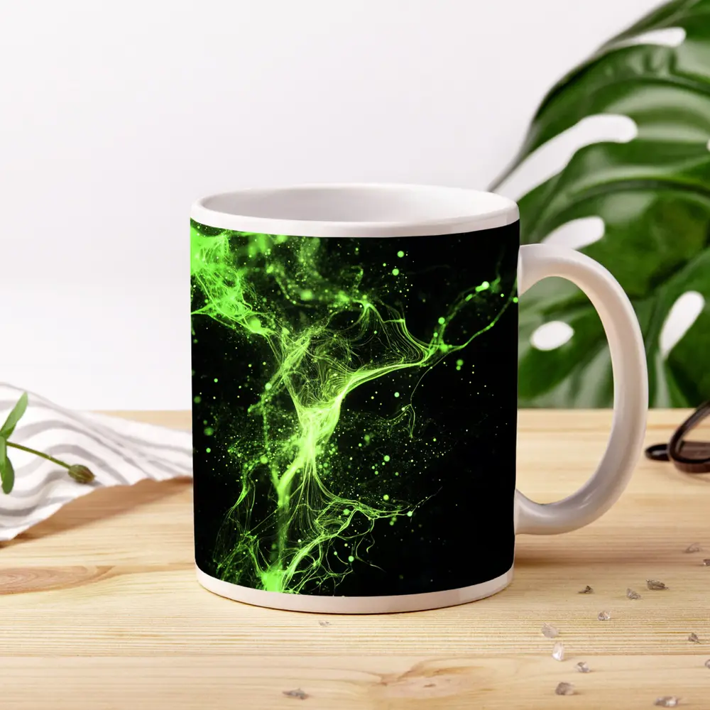 Neon Green Energy Particles Black Background – Mugs