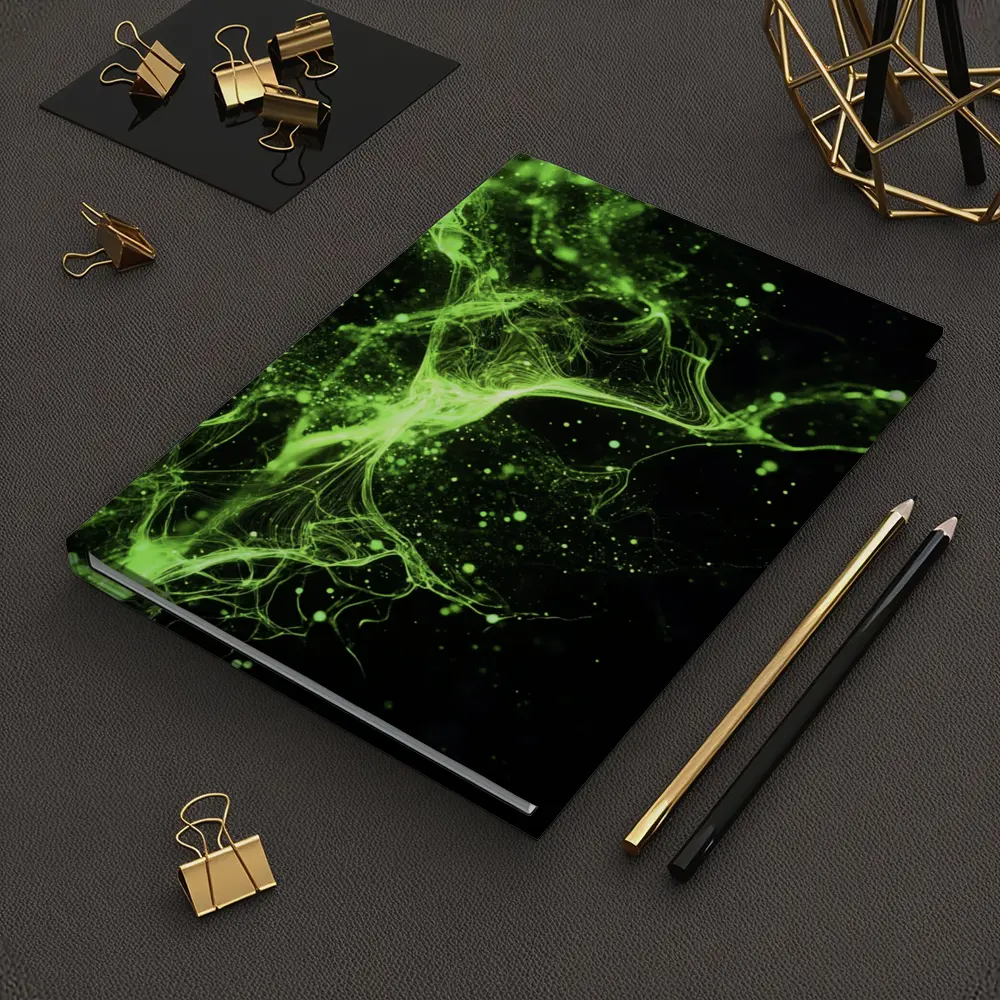 Neon Green Energy Particles Black Background – Notebooks