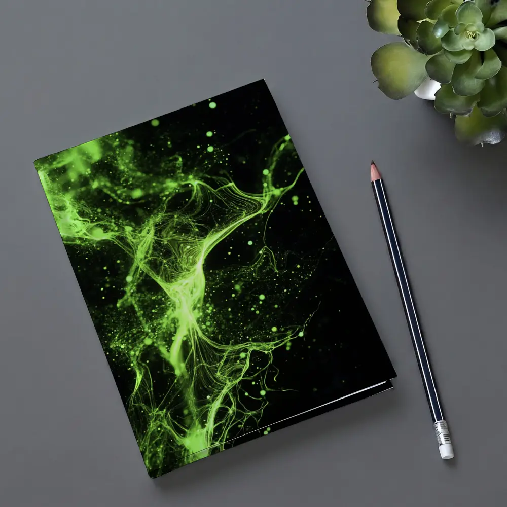 Neon Green Energy Particles Black Background – Notebooks