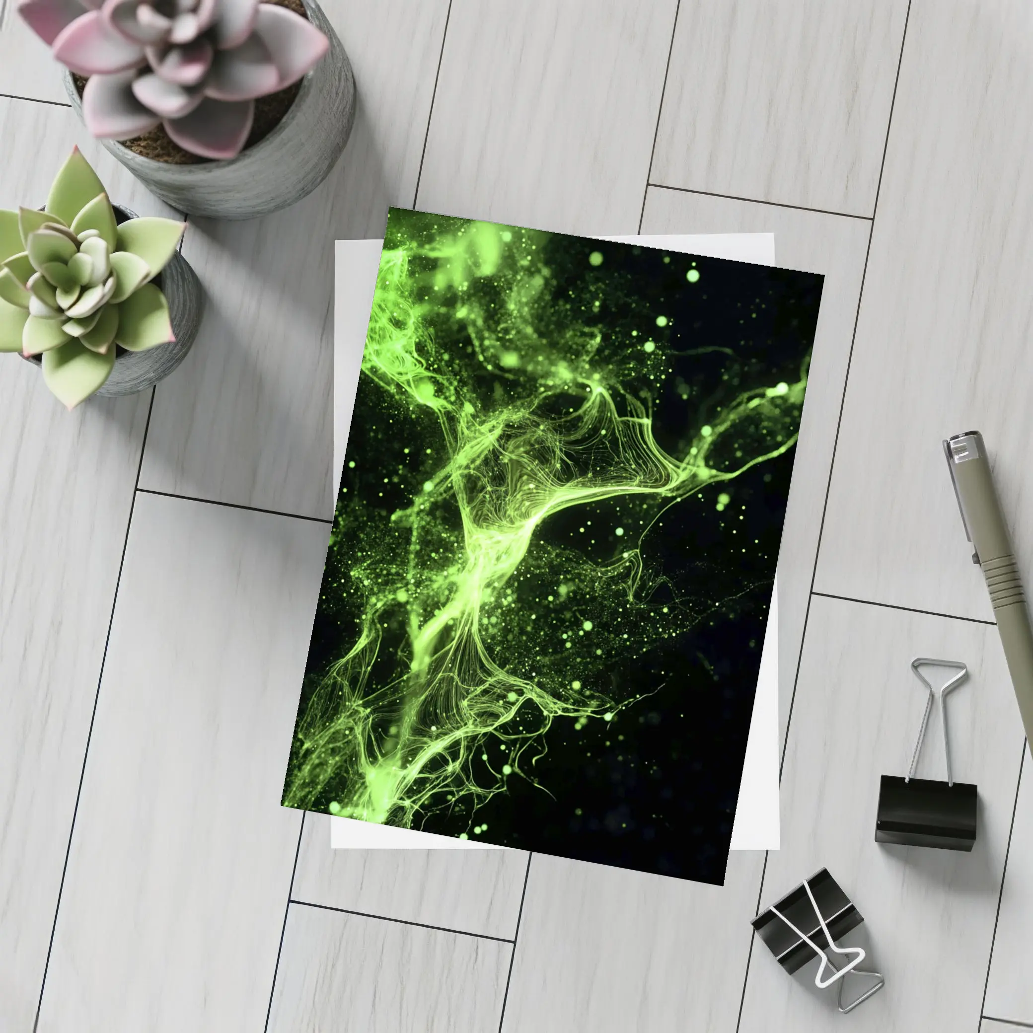Neon Green Energy Particles Black Background – Postcards