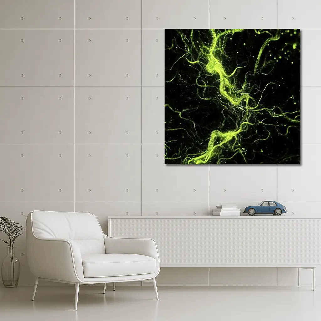 Neon Green Energy Waves On Black – Wall Art
