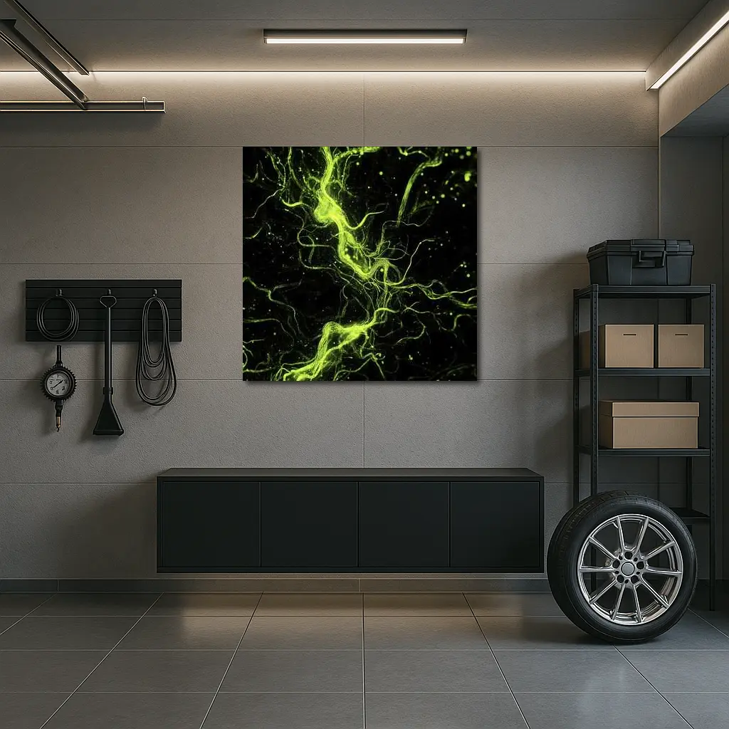 Neon Green Energy Waves On Black – Wall Art