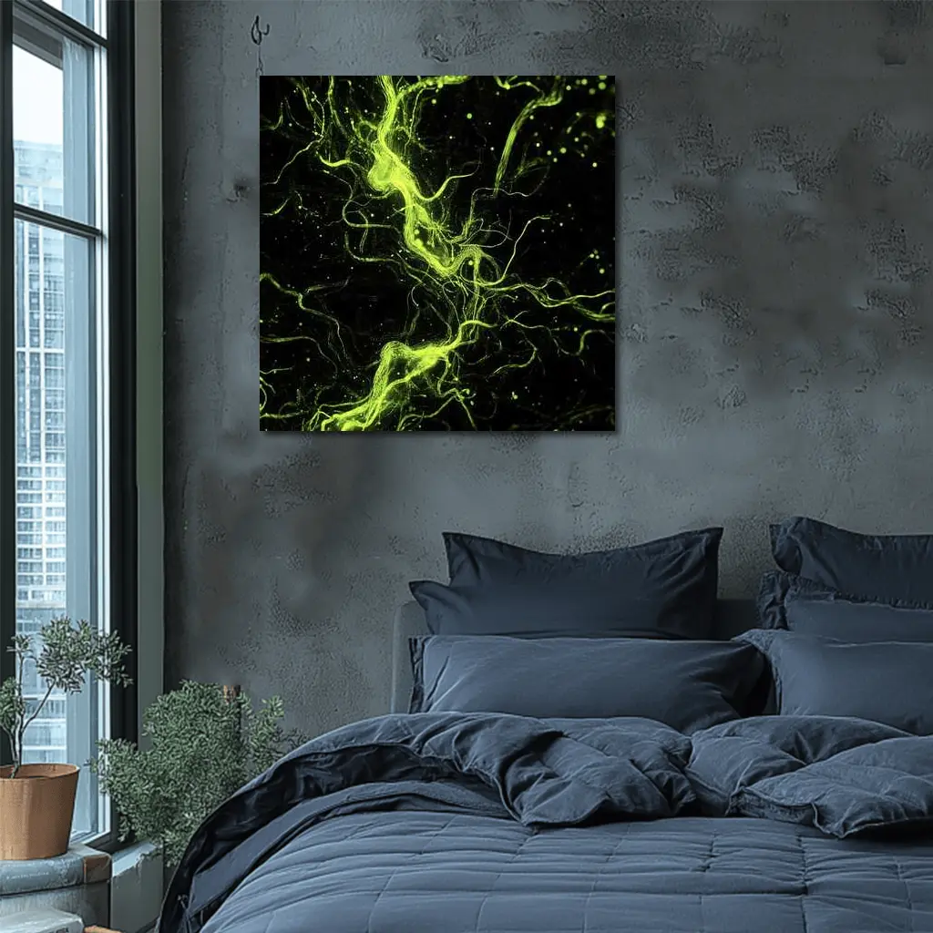 Neon Green Energy Waves On Black – Wall Art
