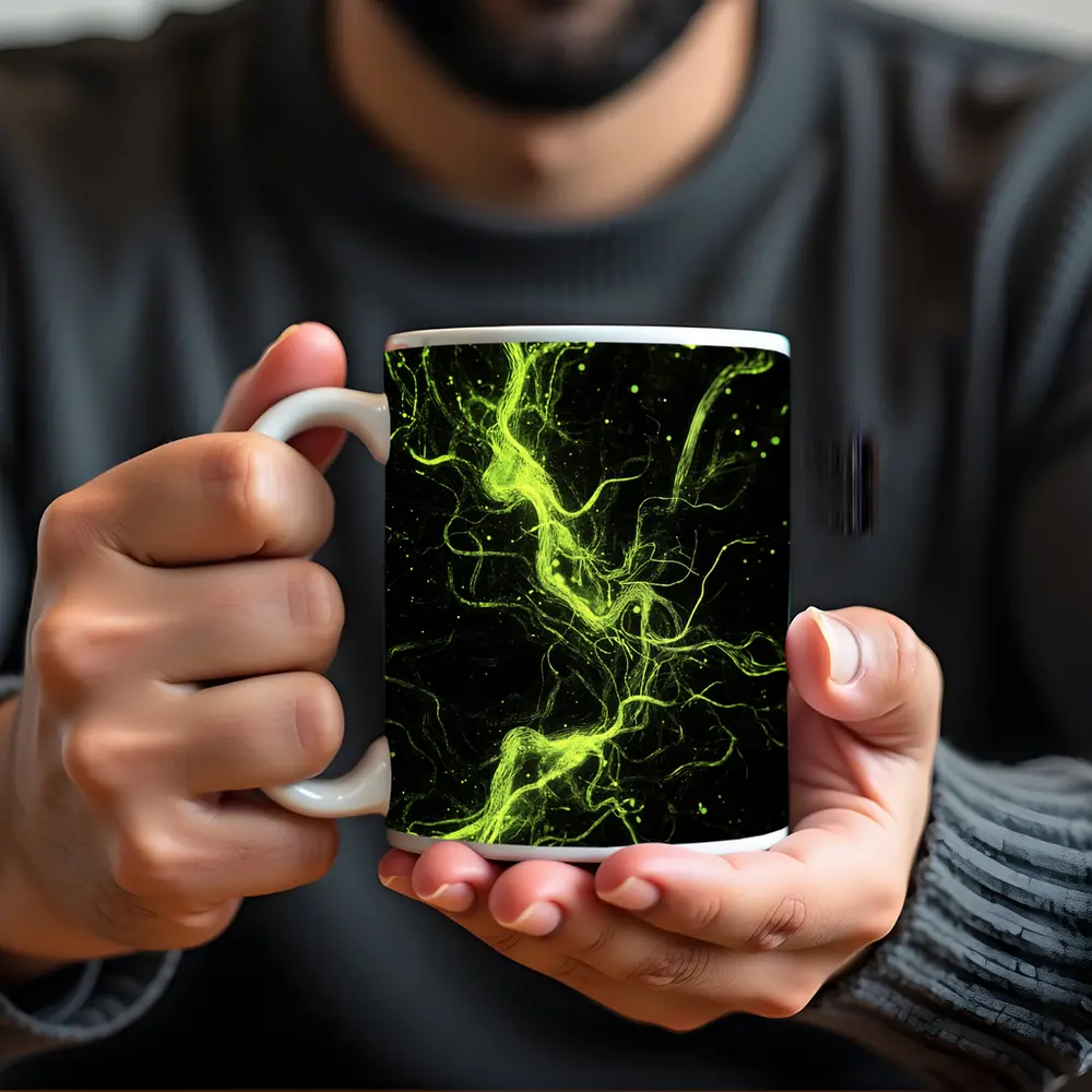 Neon Green Energy Waves On Black – Mugs
