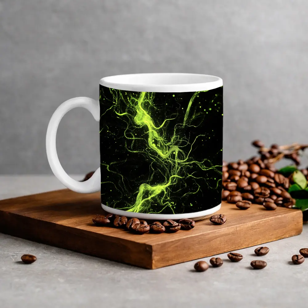 Neon Green Energy Waves On Black – Mugs