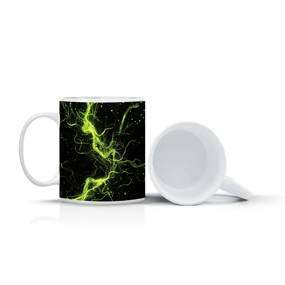 Neon Green Energy Waves On Black – Mugs