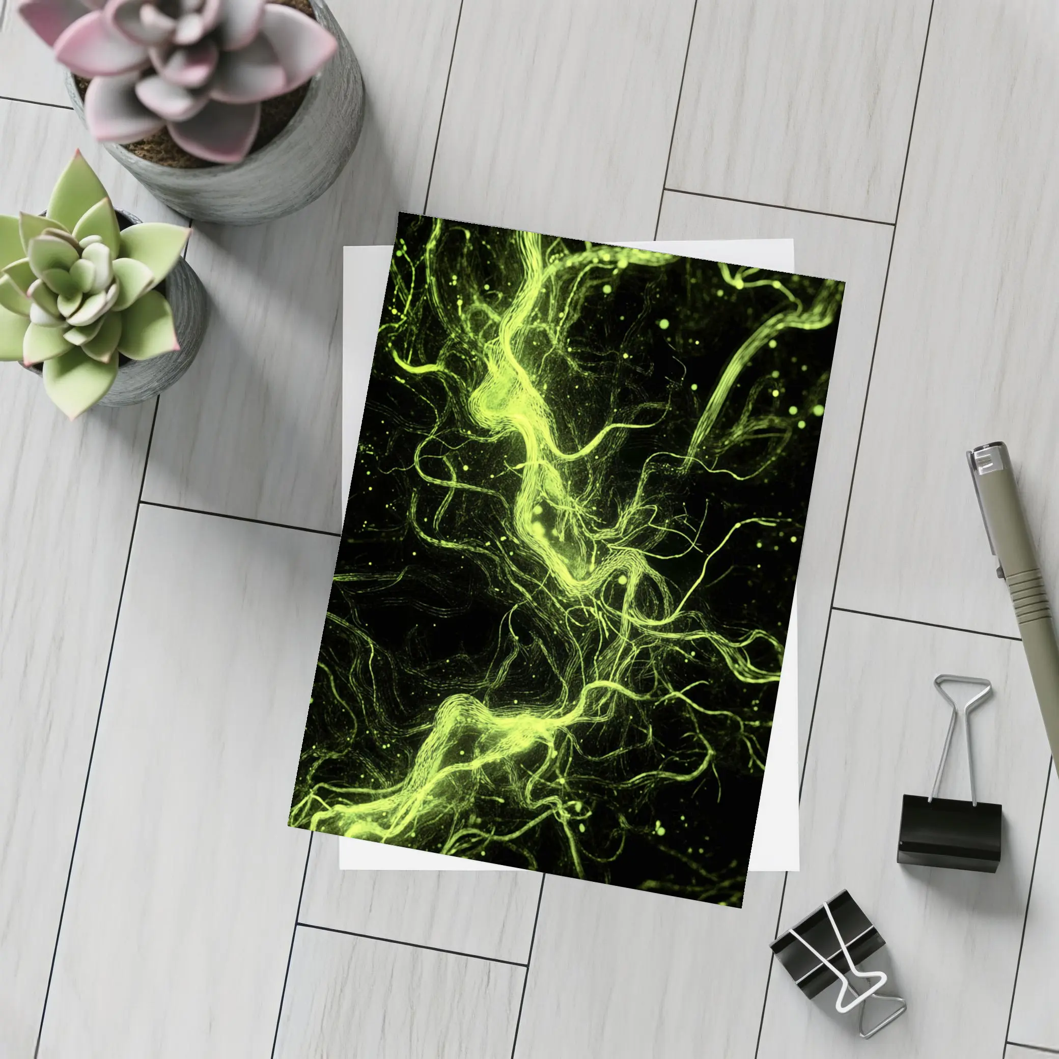 Neon Green Energy Waves On Black – Postcards