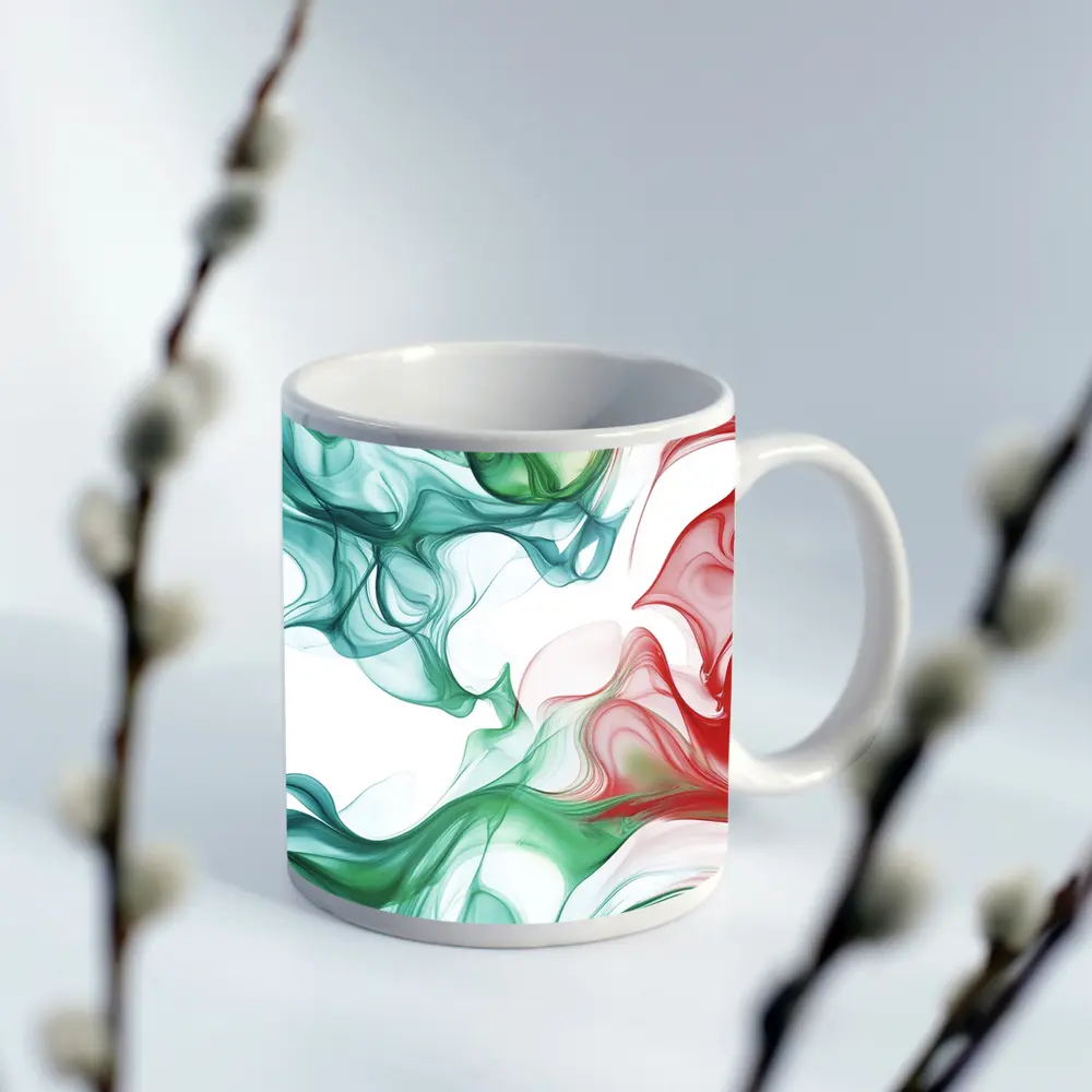Green Red Smoke Abstract Art White Background – Mugs
