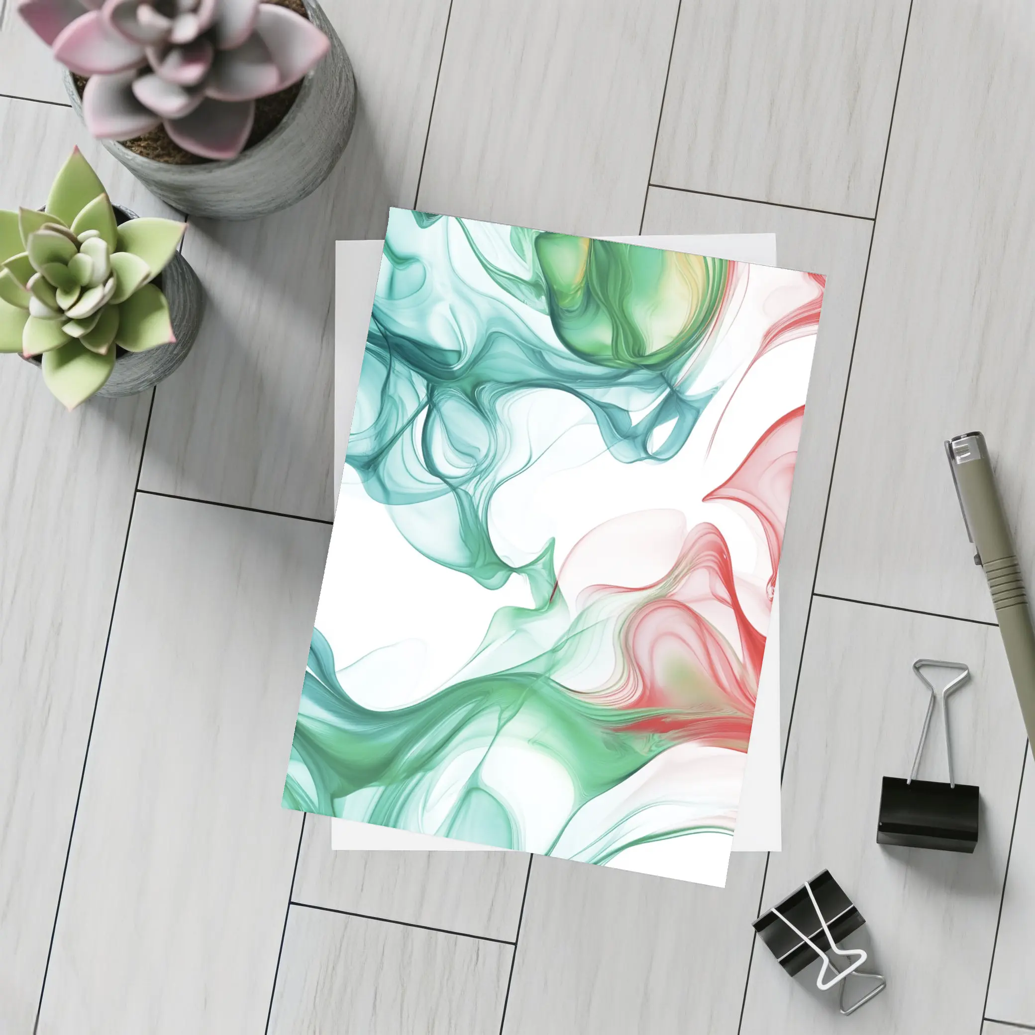 Green Red Smoke Abstract Art White Background – Postcards