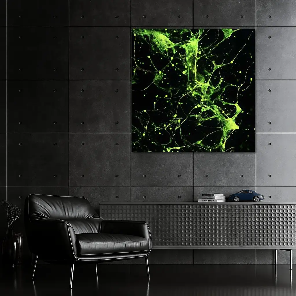 Neon Green Neural Network Dark Background Abstract – Wall Art