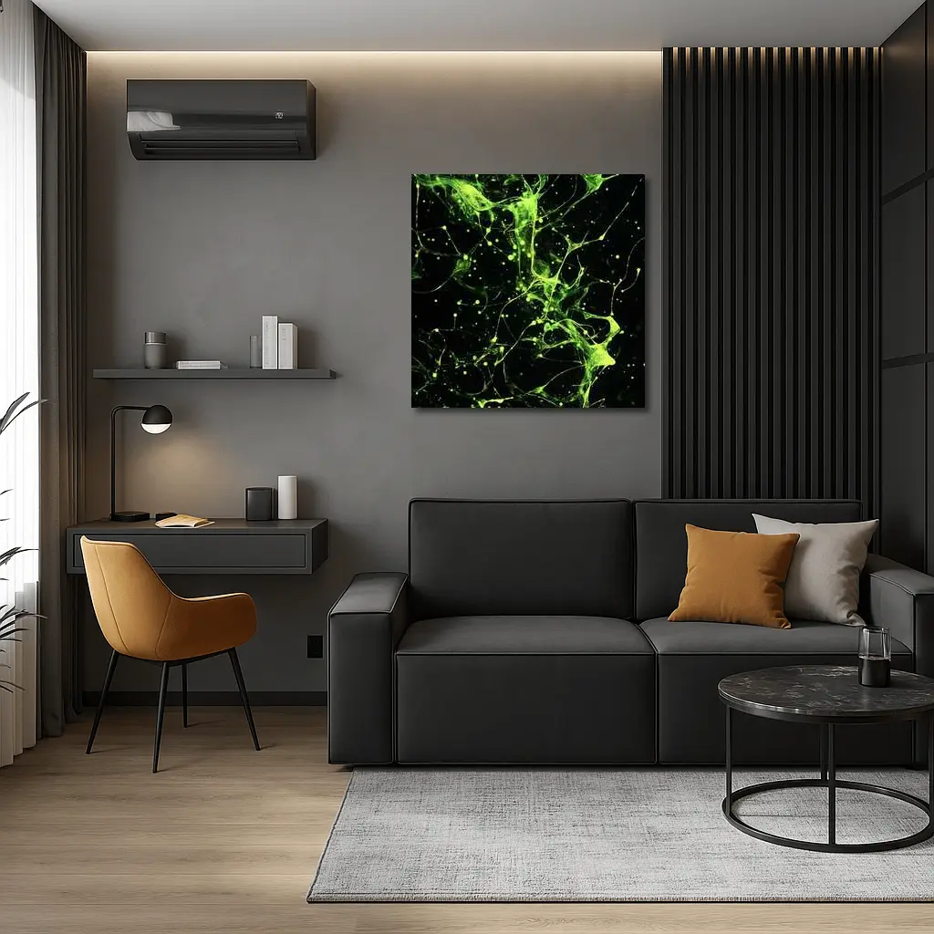 Neon Green Neural Network Dark Background Abstract – Wall Art